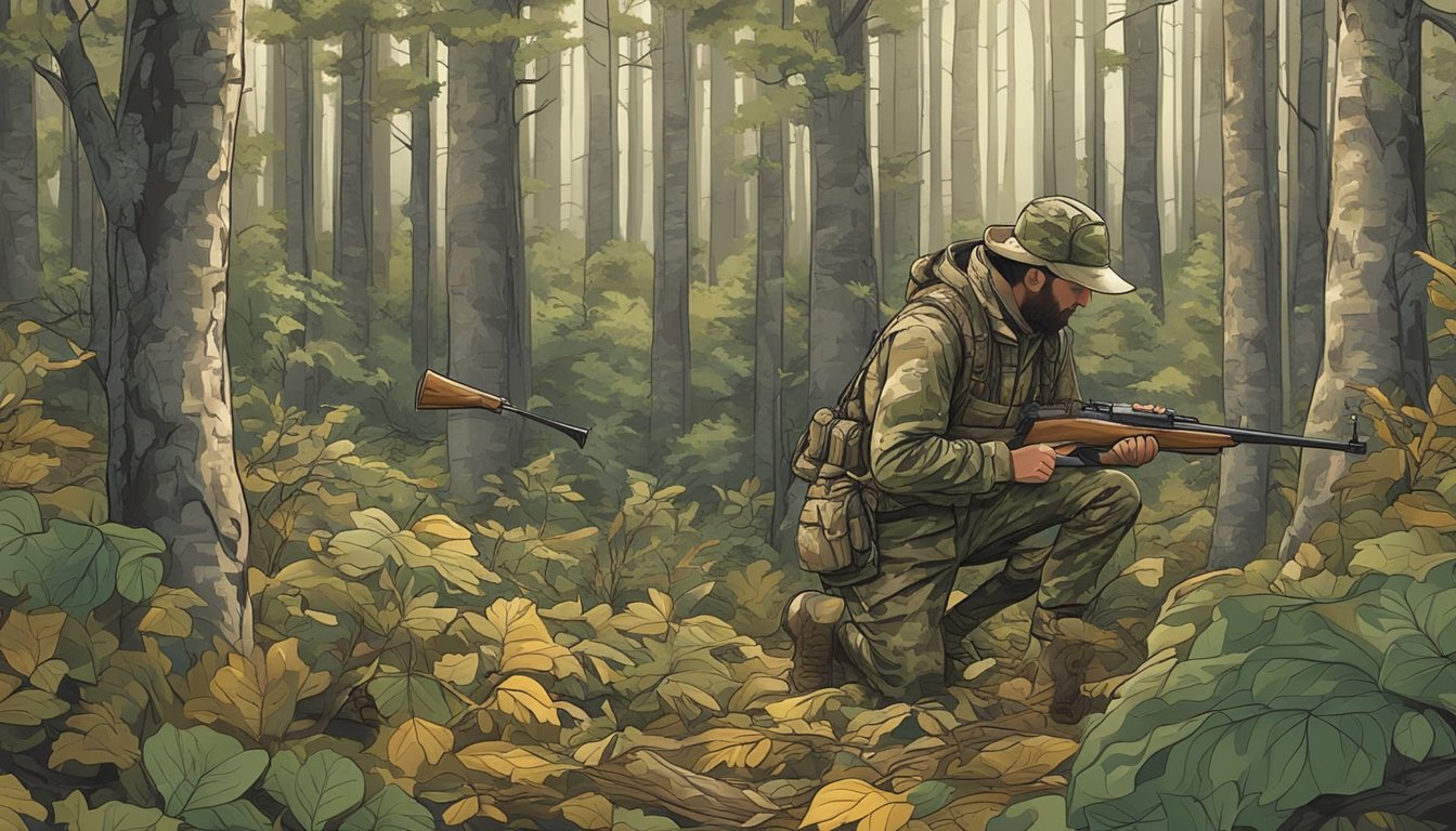 A hunter carefully selects camouflage clothing for deer hunting in a dense forest