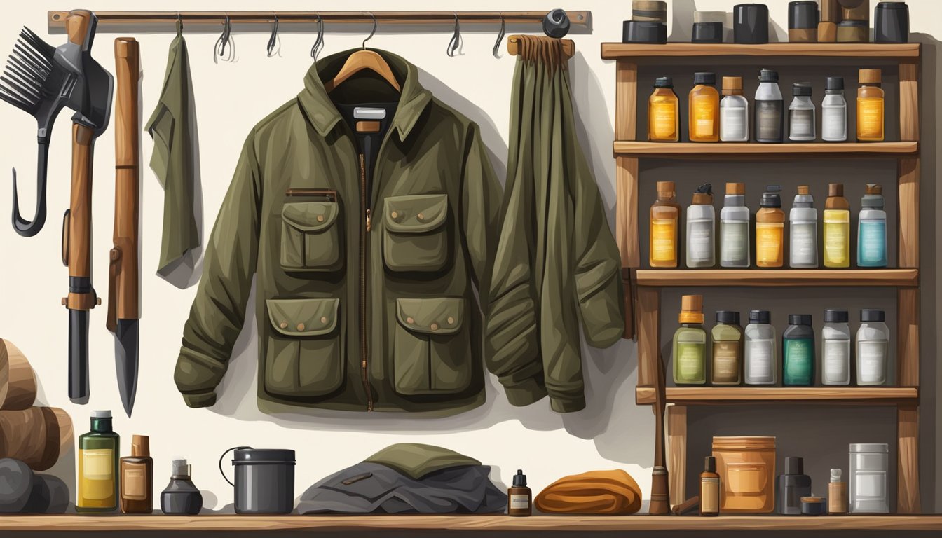 A hunter's jacket and pants hang on a wooden rack, surrounded by brushes, oils, and scent eliminators for maintenance