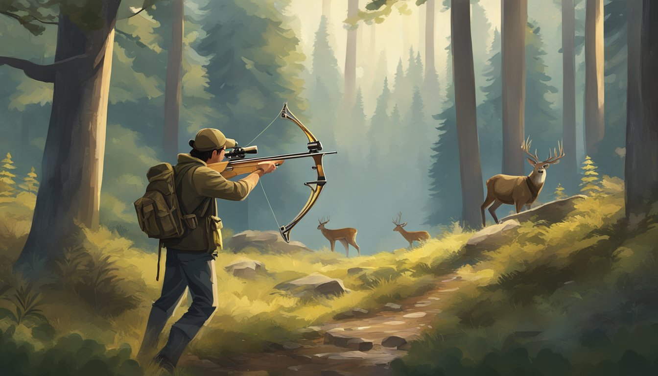 A hunter aiming a crossbow at a deer in a forest clearing