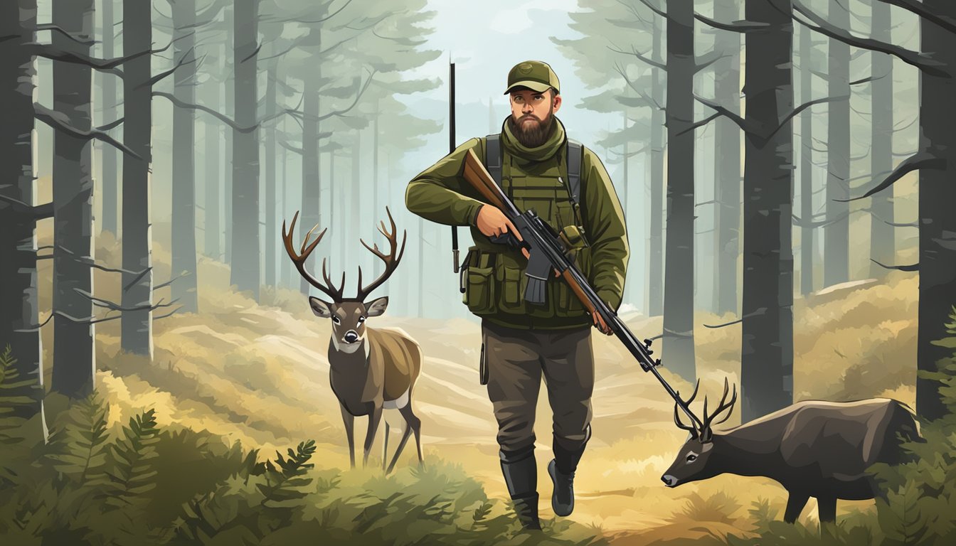 A hunter with a rifle in a forest, deer in the crosshairs