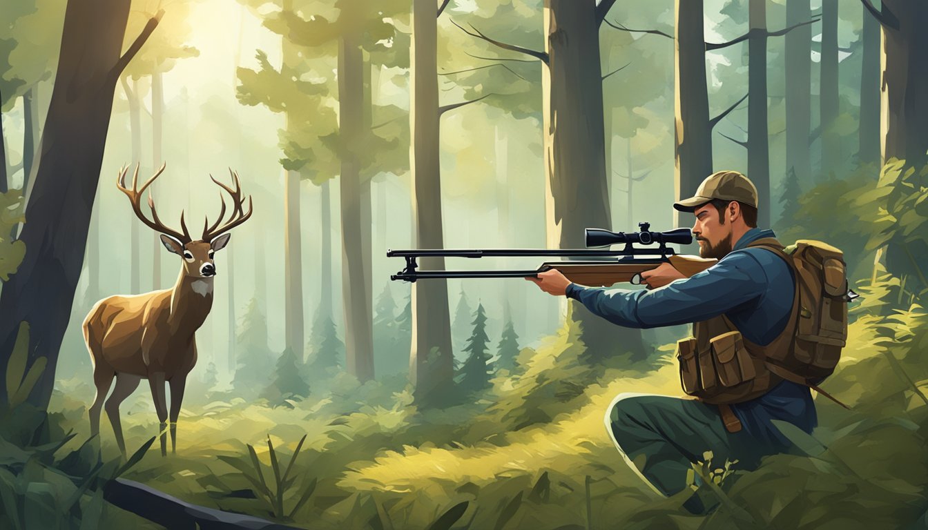 A hunter aims a crossbow at a deer in a forest clearing