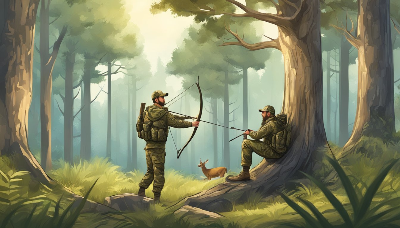 A hunter in camouflage with a bow and arrow, binoculars, and a deer call, hiding behind a tree in a forest clearing