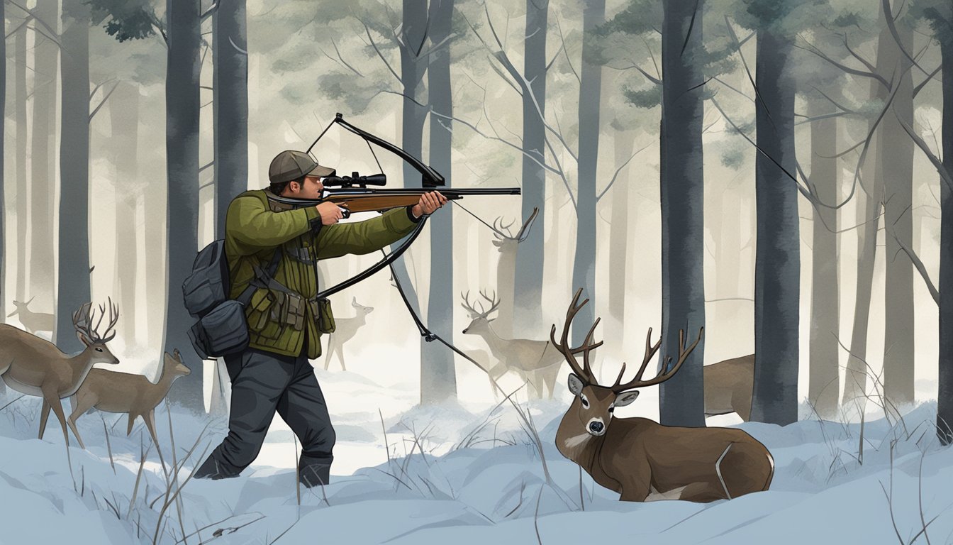 A hunter aims a loaded crossbow at a deer in a forest clearing