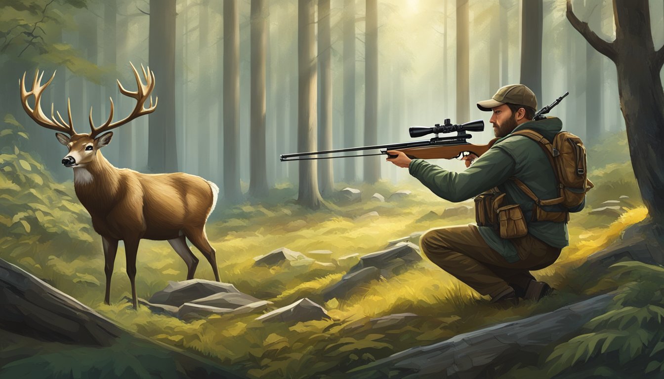 A hunter aims a popular crossbow at a deer in a forest clearing. The crossbow brand and model are prominently displayed