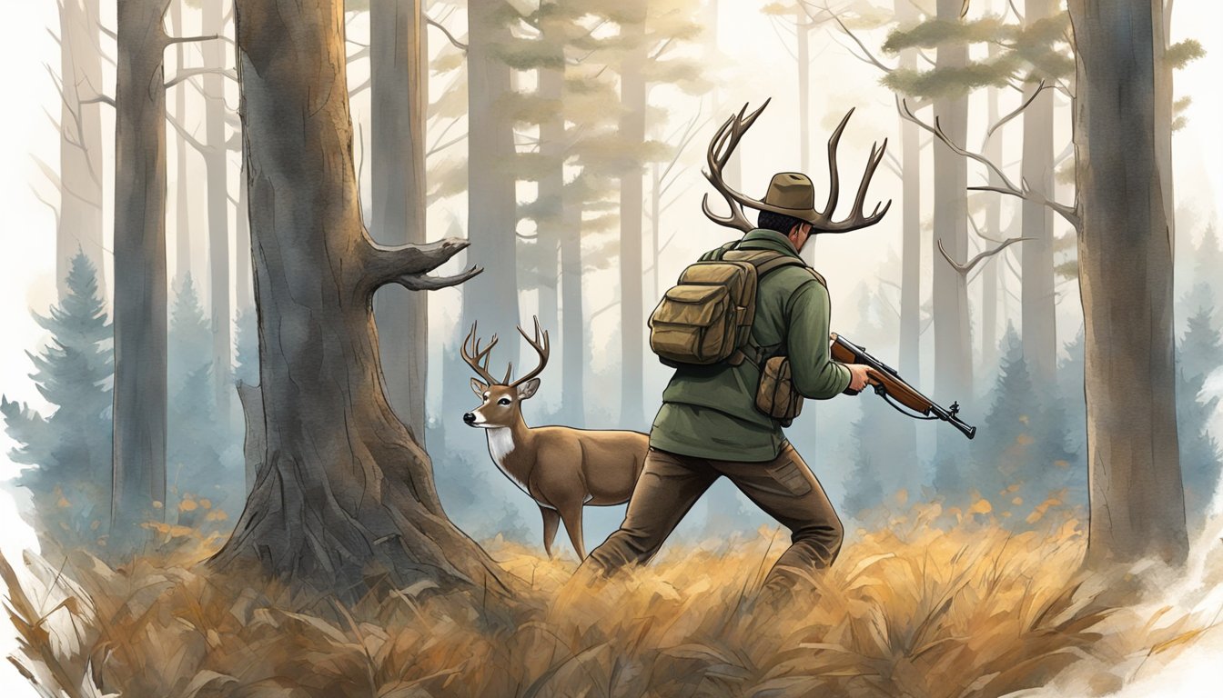 A hunter aims a rifle at a majestic whitetail deer in a forest clearing. The deer stands alert, its ears perked, as the hunter carefully takes aim