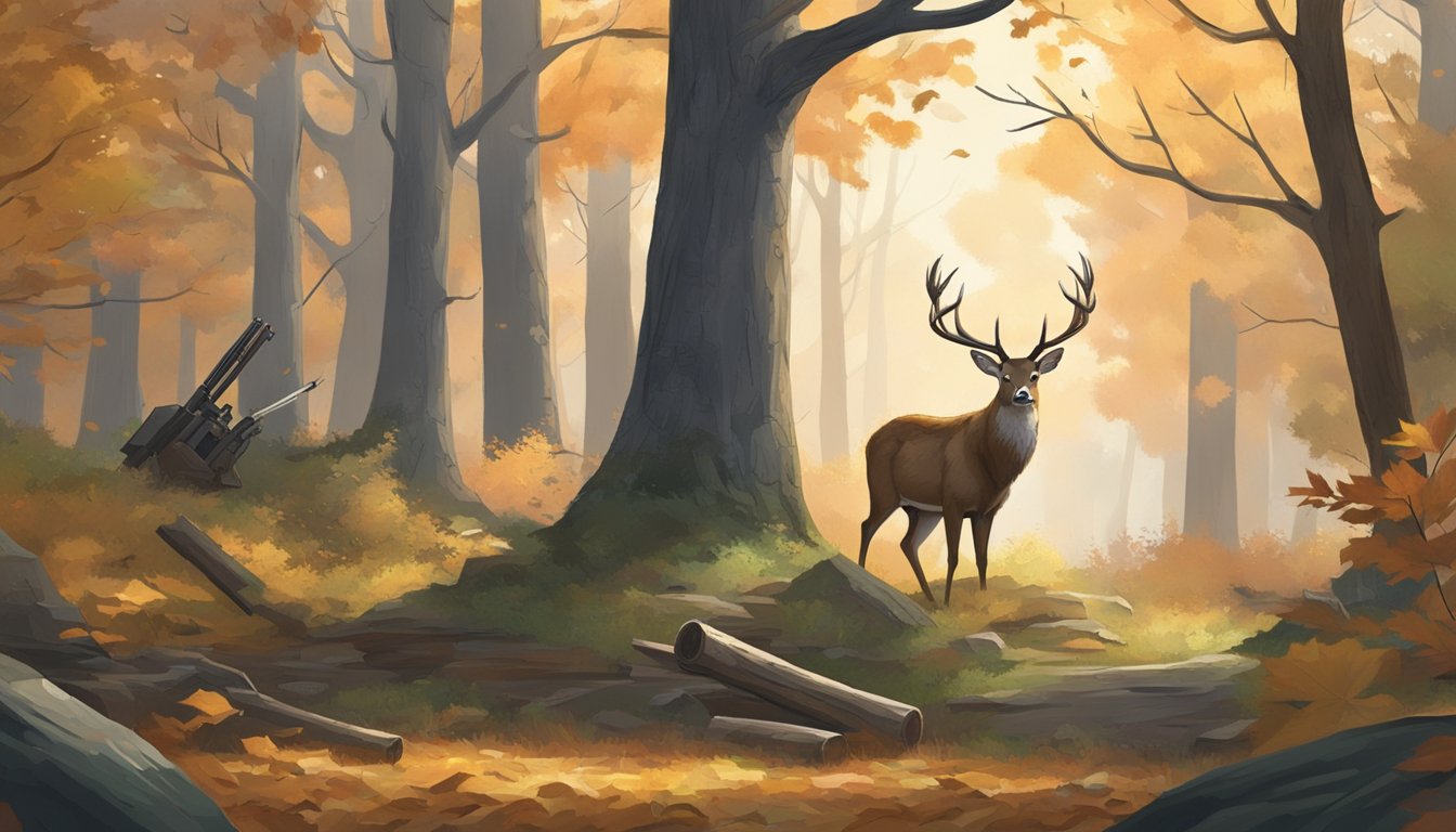 A deer stands proudly in a forest clearing, surrounded by fallen leaves and tall trees, while a hunter's rifle rests against a nearby tree