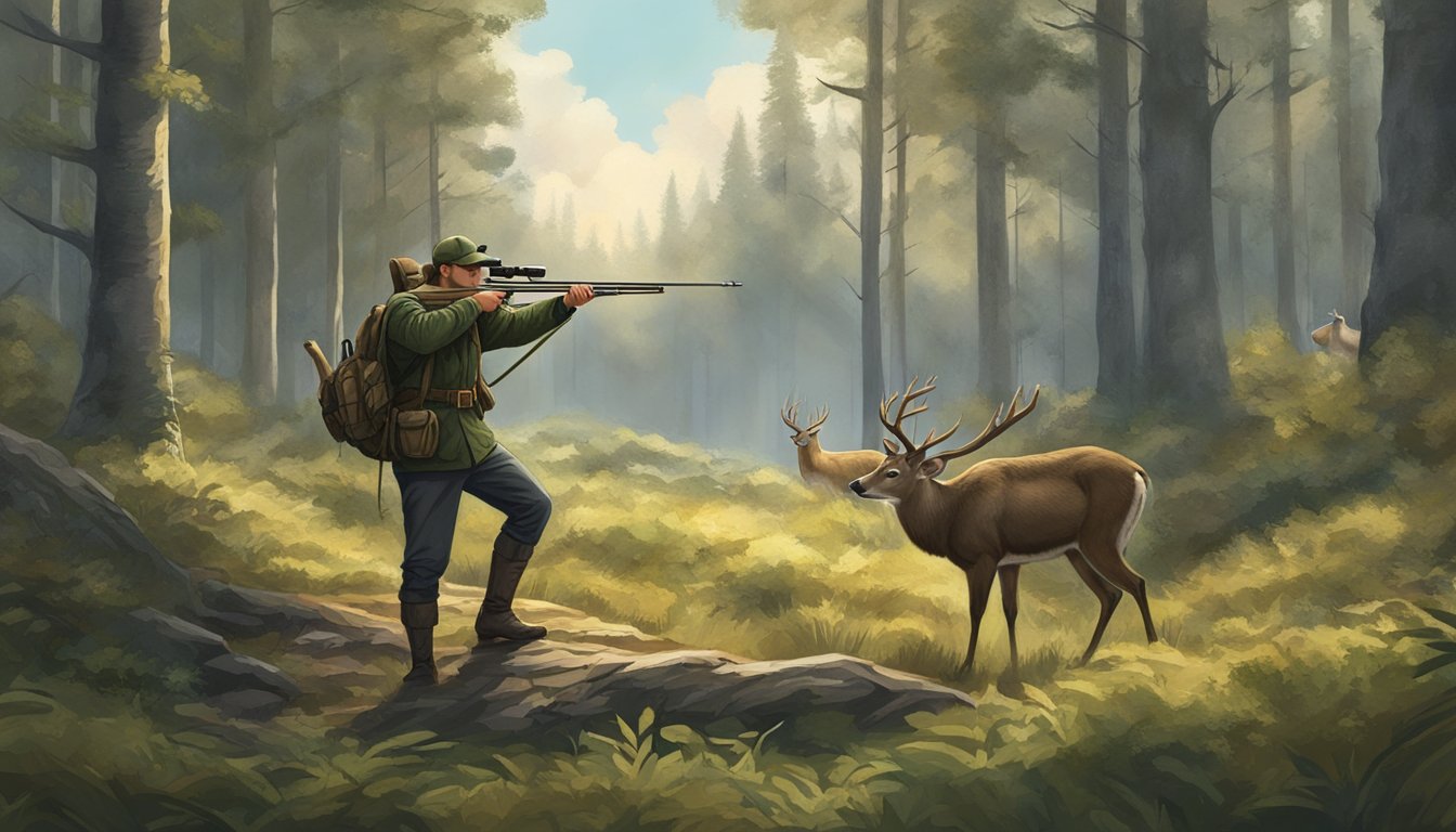 A hunter standing in a forest clearing, aiming a loaded crossbow at a deer in the distance