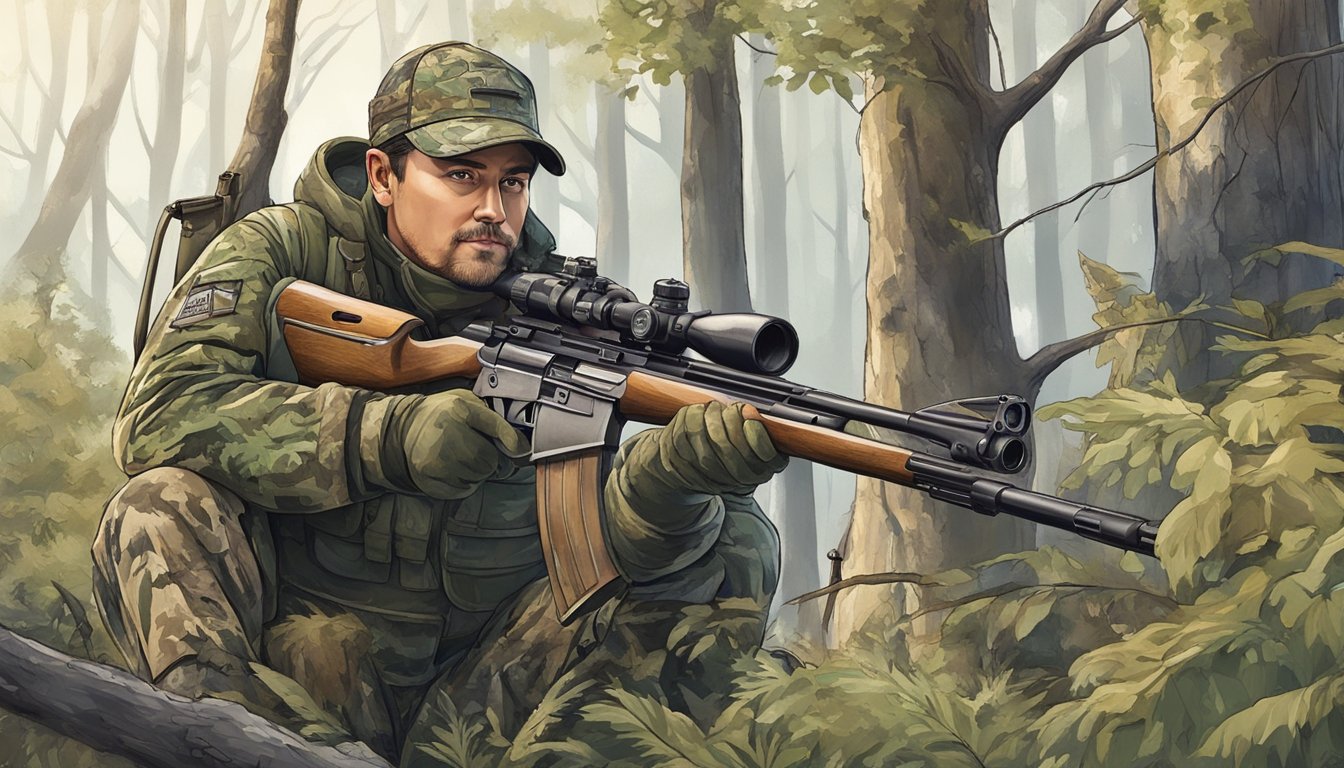 A hunter wearing camouflage gear and holding a rifle, surrounded by trees and wildlife