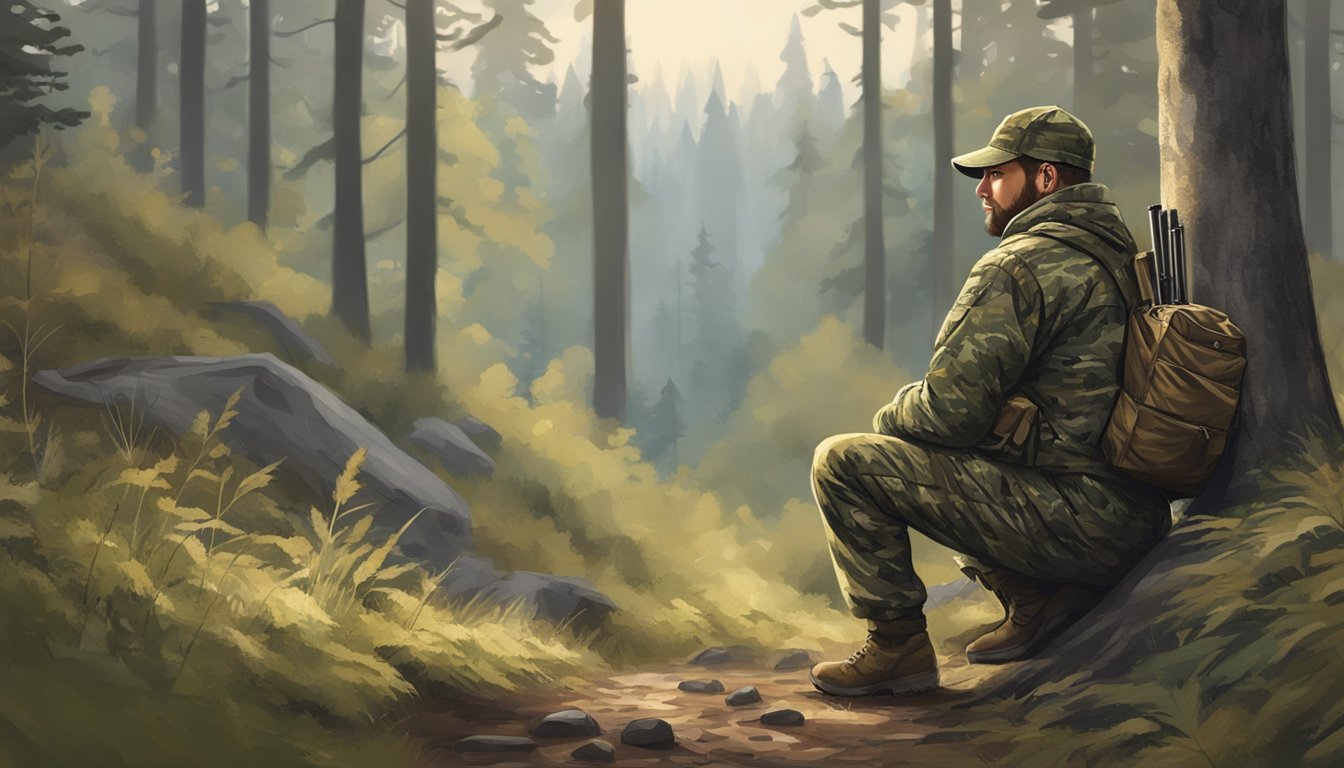 A hunter in camouflage outfit strategically positioned near a forest edge, waiting for deer