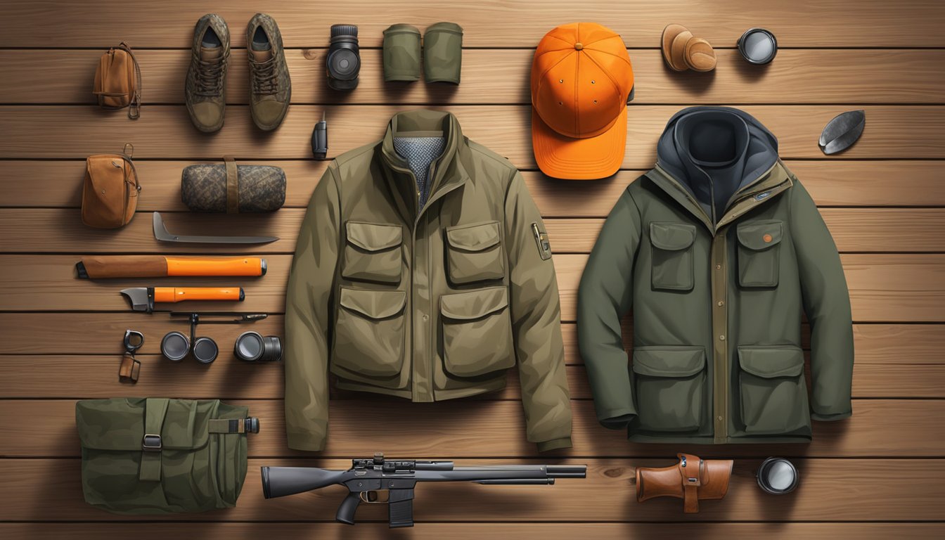 A deer hunting outfit laid out on a wooden table, with a camouflage jacket, hunter orange hat, binoculars, rifle, and hunting knife