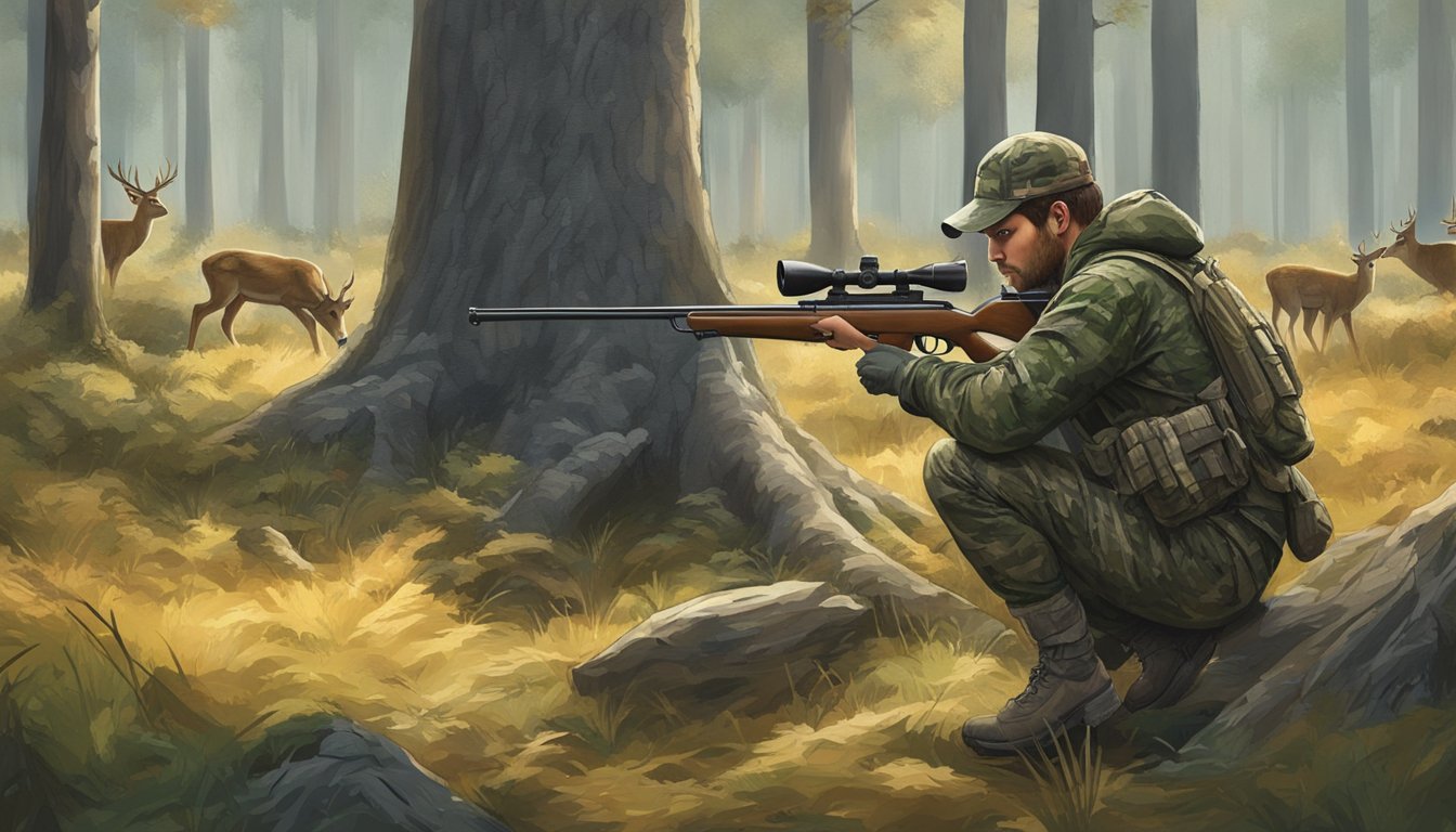 A hunter in camouflage gear crouching behind a tree, aiming a rifle at a group of deer in a forest clearing