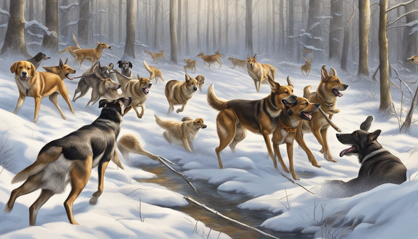 A pack of hunting dogs surround a deer, some baying, others flushing it out, and one retrieving the downed prey