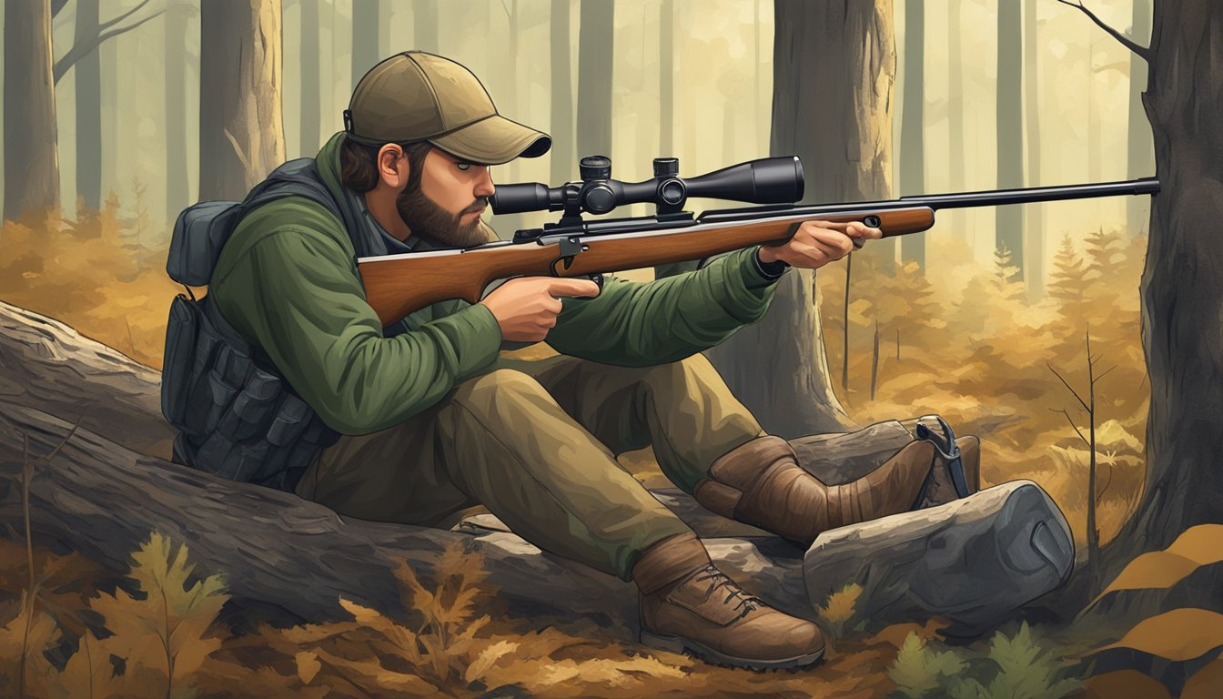 A hunter sets up an air rifle with accessories in a forest clearing, aiming at a deer in the distance