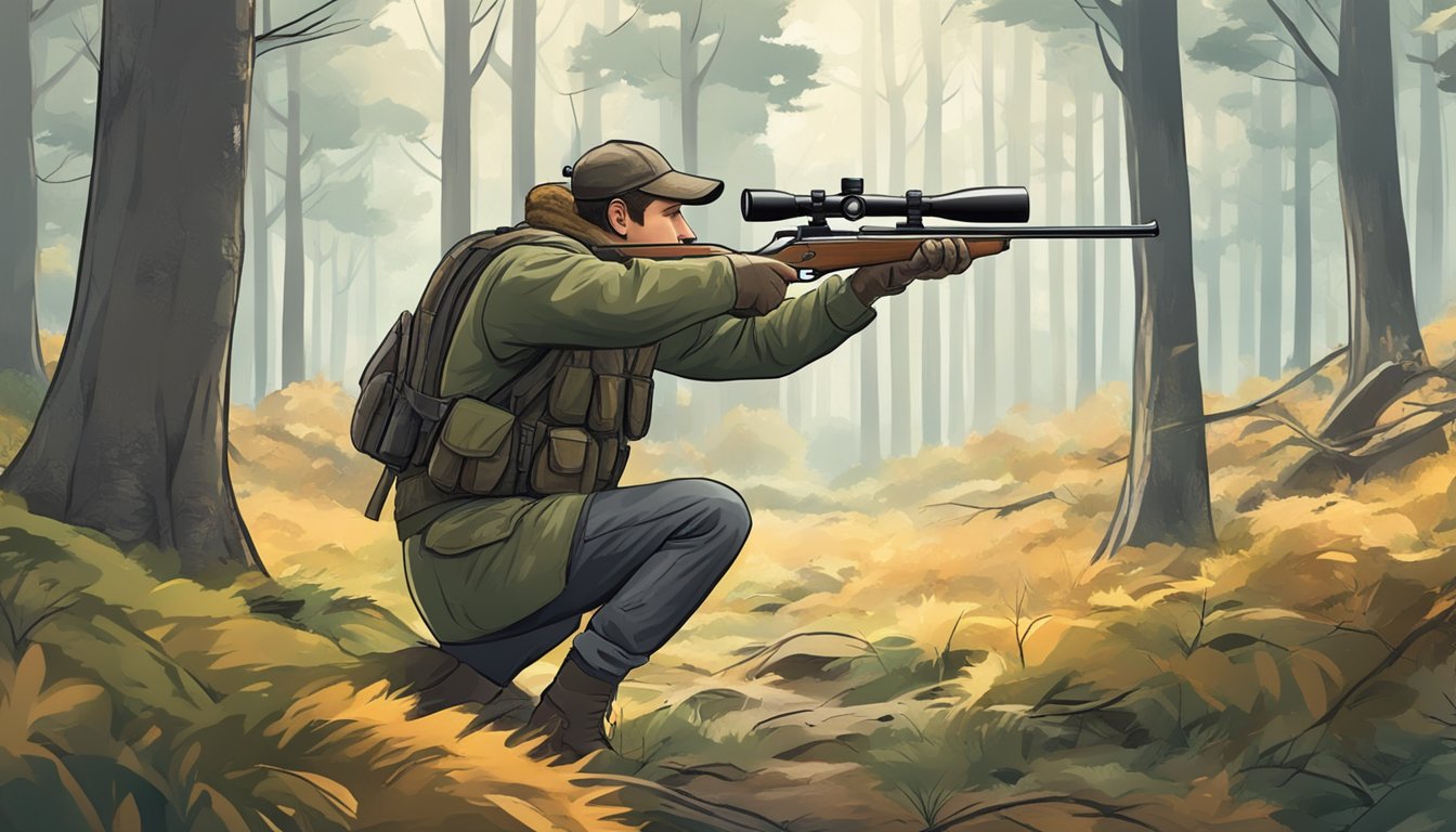 A hunter aims an air gun at a deer in a forest clearing, focusing on precision and shooting techniques for a clean and accurate kill