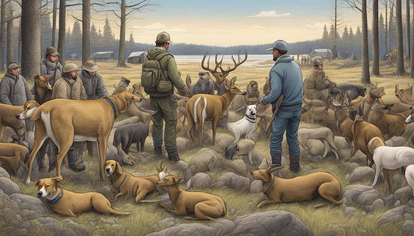 A group of dogs surround a freshly caught deer, while hunters gather to prepare and process the animal