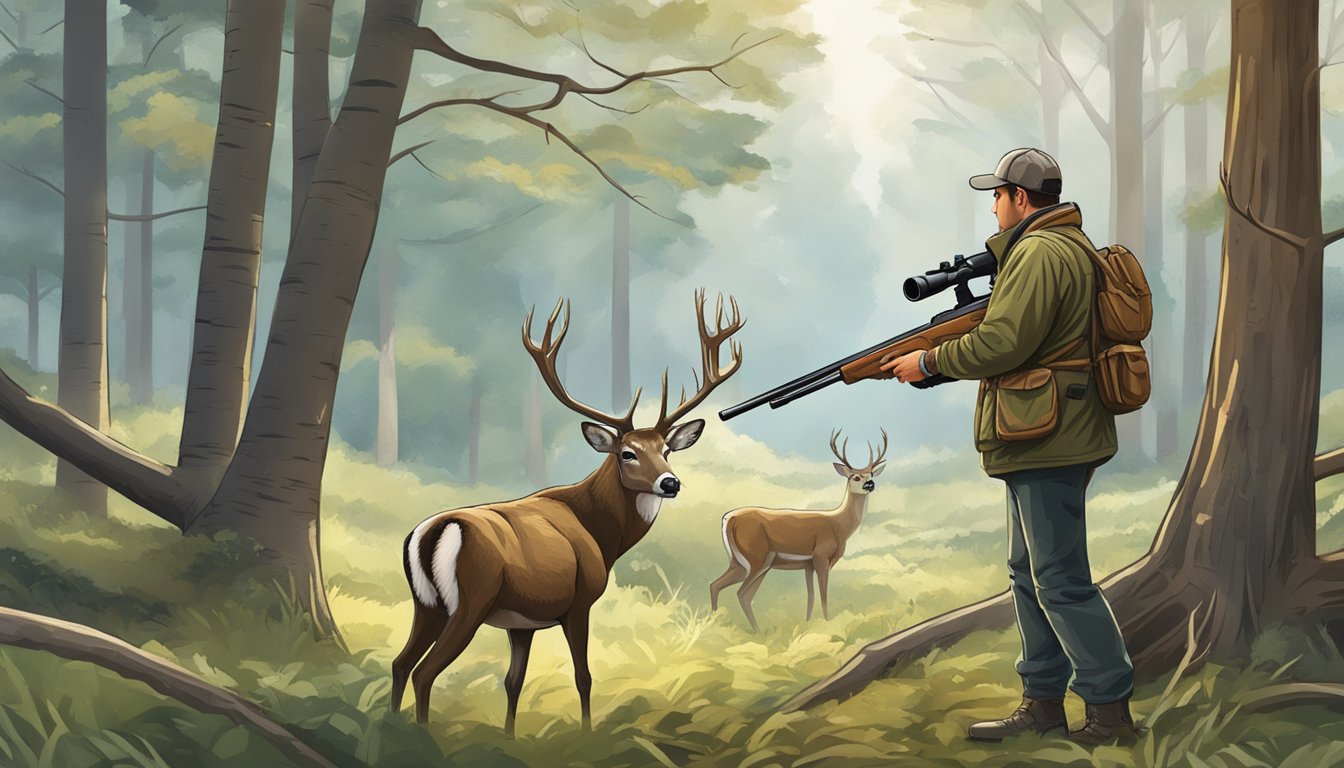 A hunter aims a powerful air gun at a deer in a wooded area