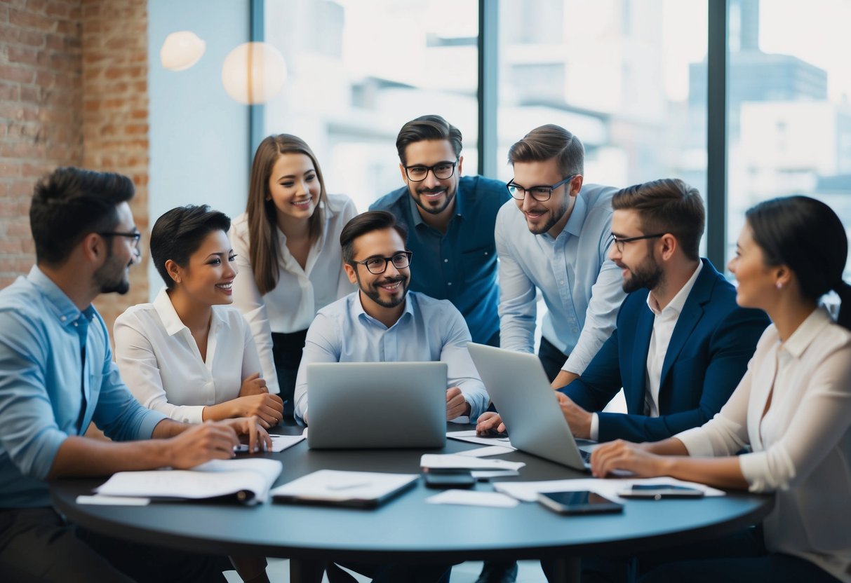 Un groupe de petites entreprises et de freelances brainstorming et élaborant des stratégies ensemble pour se démarquer dans un processus d'appel d'offres.