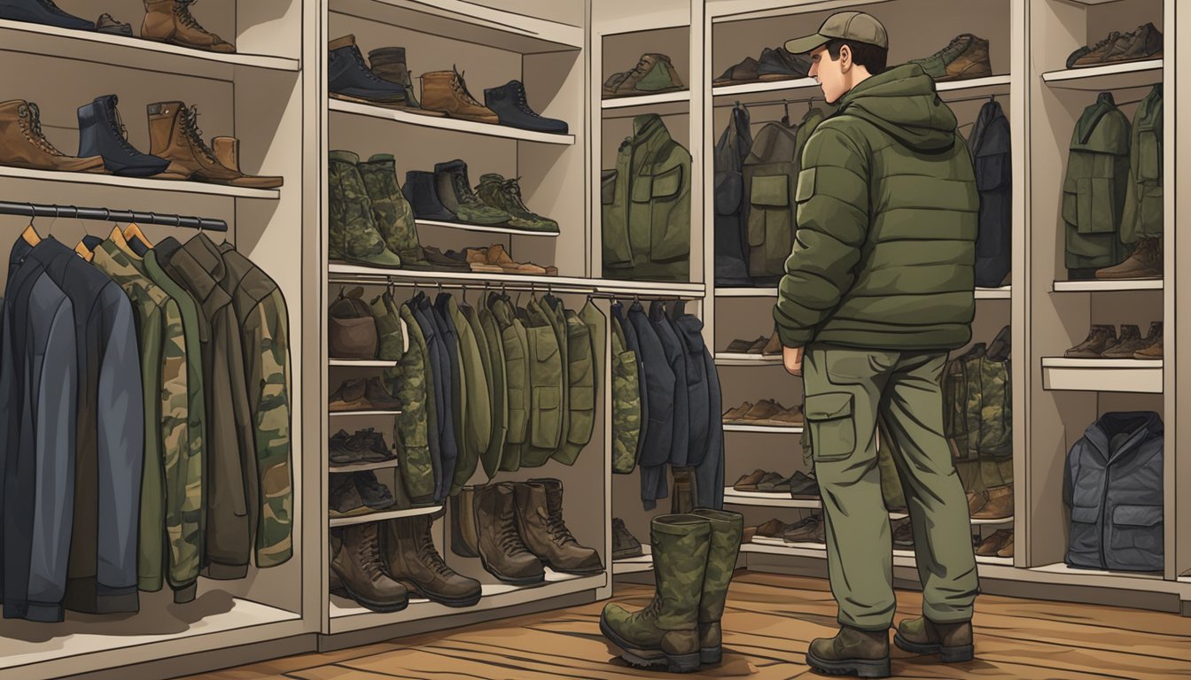 A hunter browsing through racks of camouflage jackets and pants, with a display of hunting boots and accessories in the background