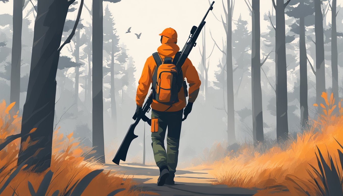 A hunter in camouflage stands in a forest with a rifle. Another hunter in blaze orange clothing walks through a field with a shotgun