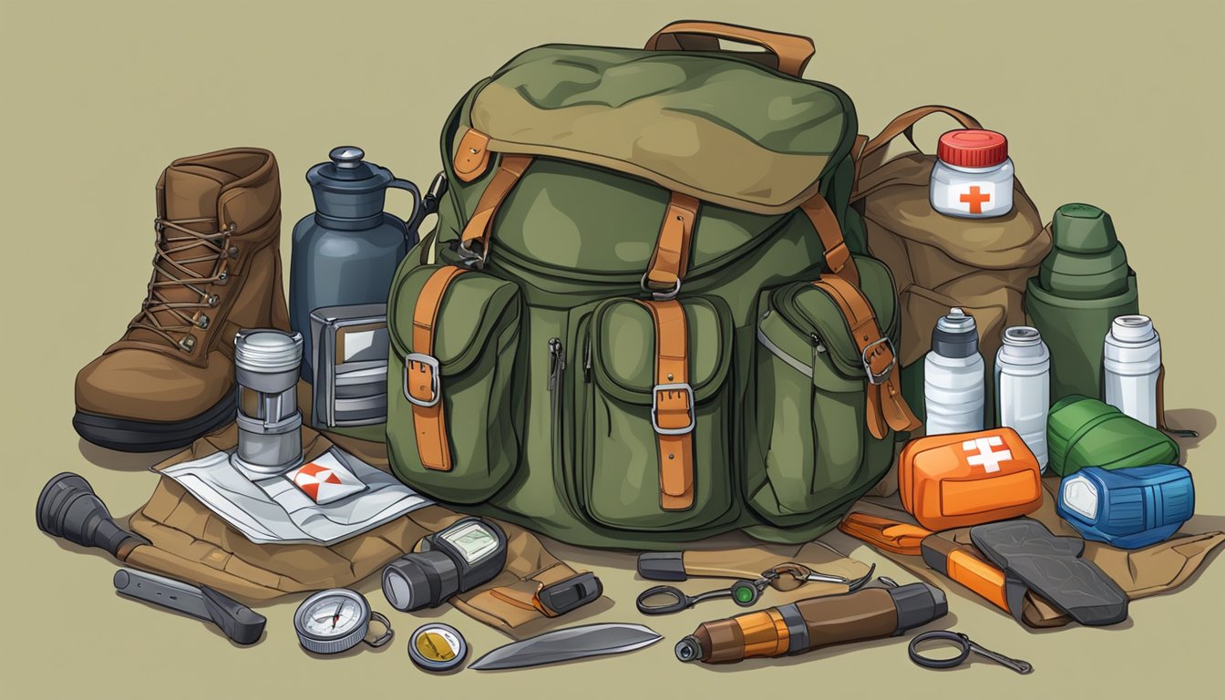 A hunter's backpack open on the ground, filled with gear such as a first aid kit, compass, flashlight, and hunting knife