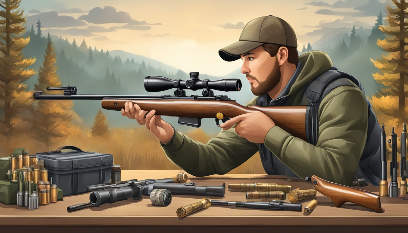 A hunter carefully selects an air rifle caliber for deer hunting, surrounded by various ammunition options and hunting gear