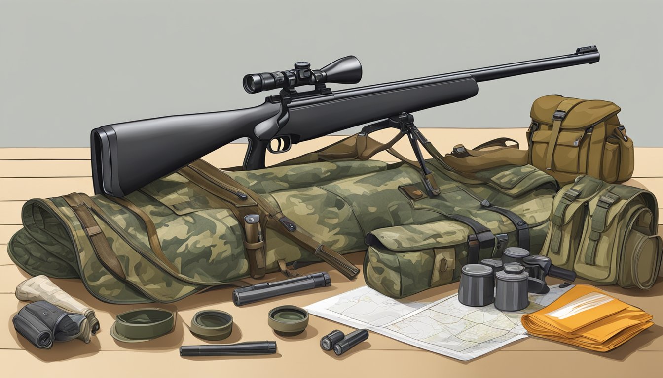 A table covered with hunting gear: rifle, ammunition, camouflage clothing, binoculars, and a map spread out for planning