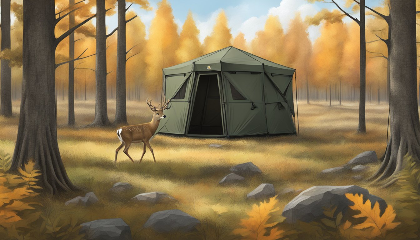 A deer stands alert in the woods, surrounded by Advanced Blind Technologies deer hunting ground blinds