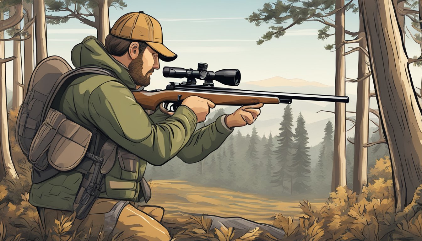 A hunter carefully attaches a scope and sling to their air rifle before heading out to hunt deer in a wooded area