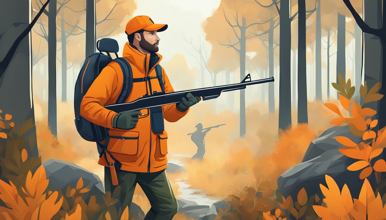 A hunter with an air rifle in a forest, wearing bright orange for safety, with signs indicating hunting regulations