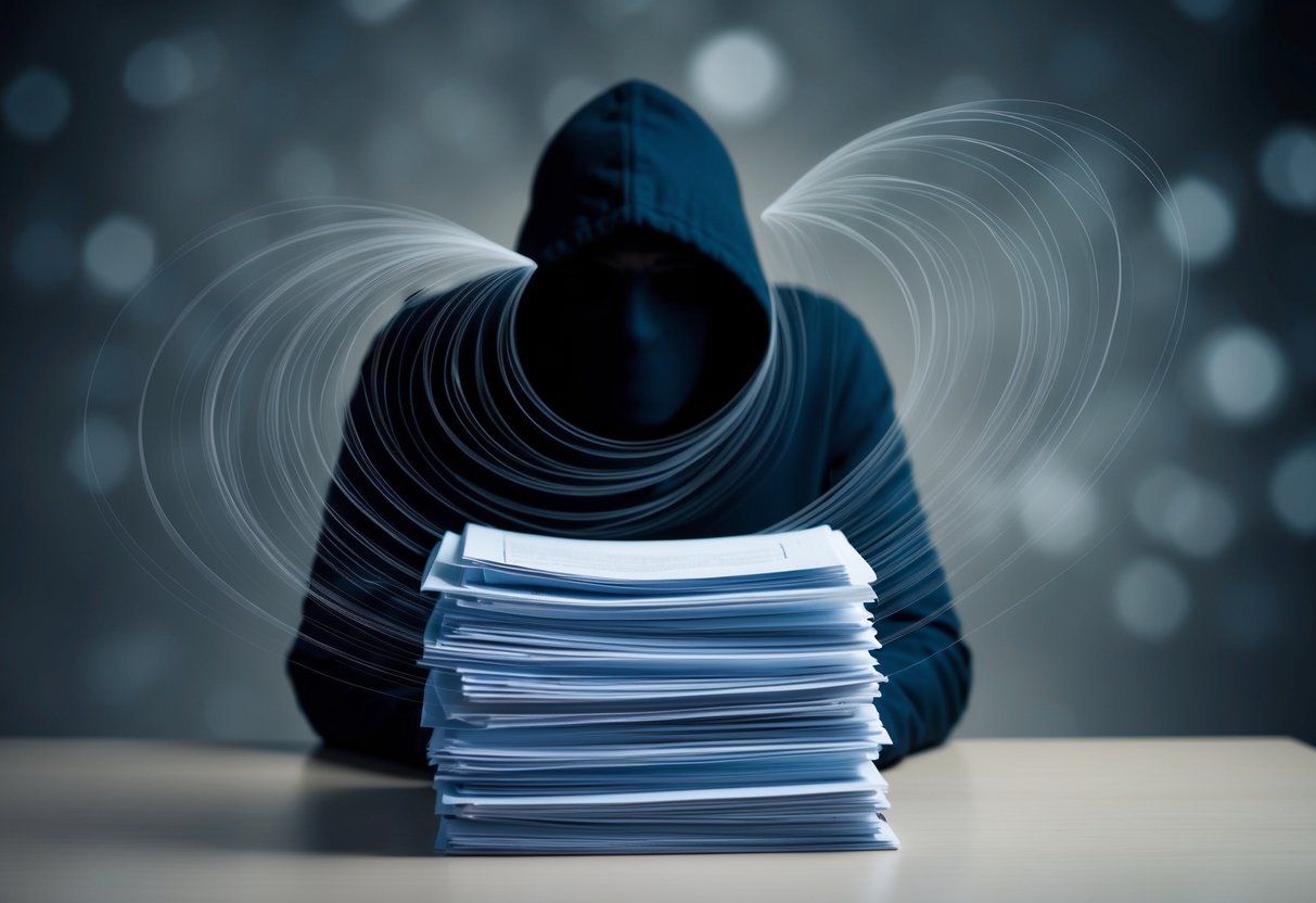 Une silhouette ombreuse se cachant derrière une pile de documents, avec des critères cachés tourbillonnant autour d'eux comme une toile invisible.