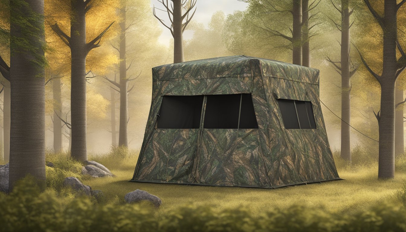 A deer hunting ground blind surrounded by natural foliage and equipped with safety features