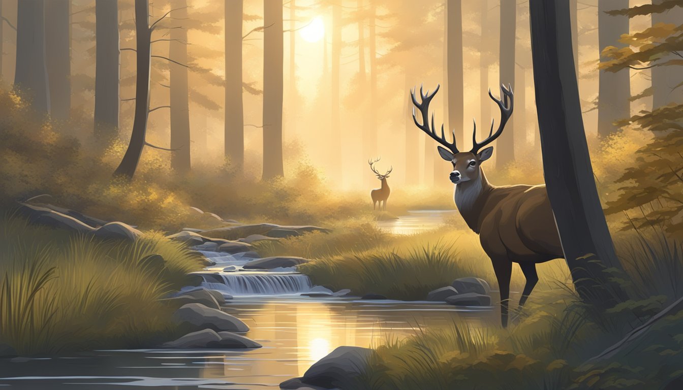 A misty forest clearing at dawn, with a deer cautiously drinking from a stream as the sun rises