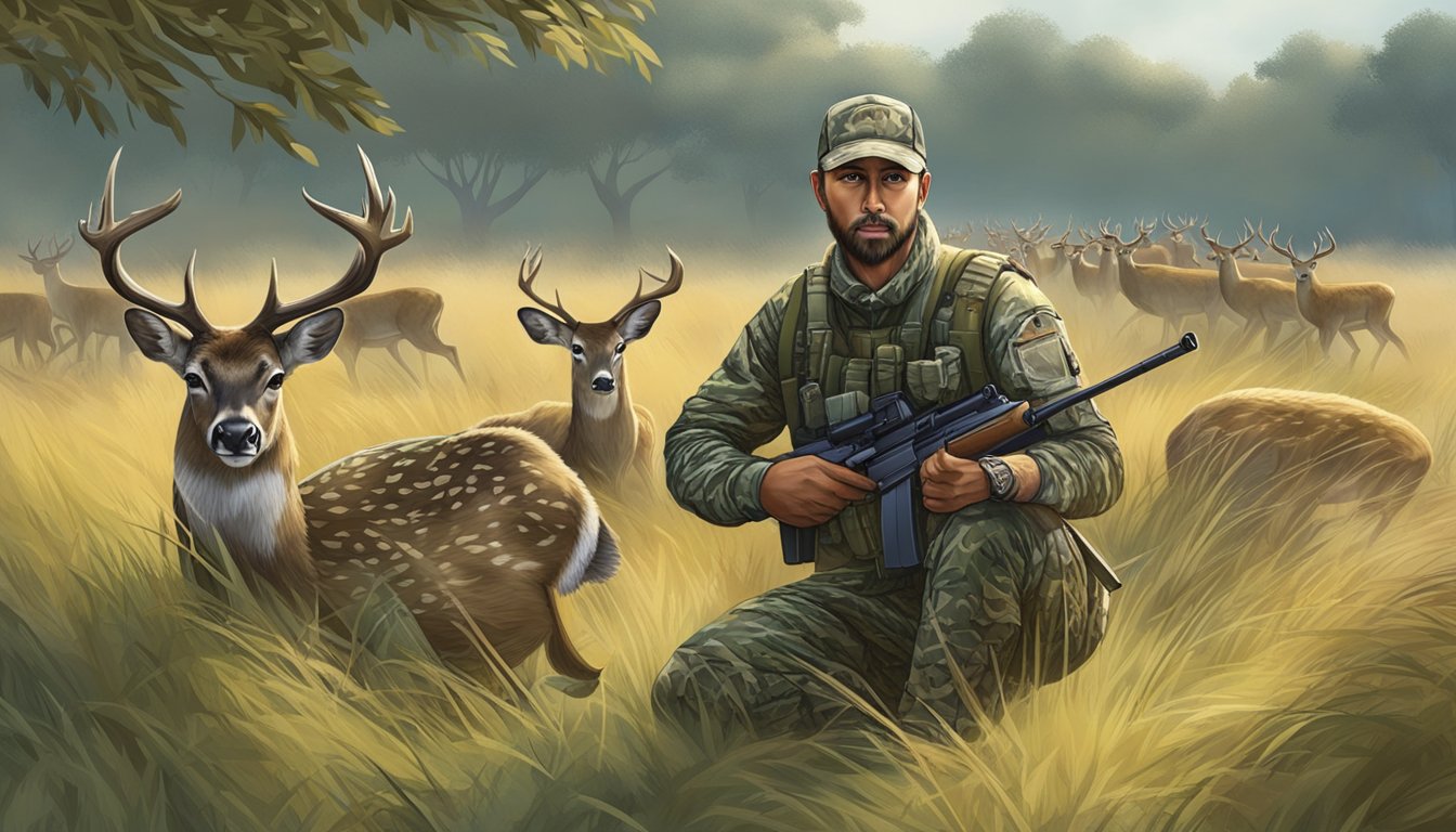 A hunter in camouflage gear and rifle, crouching behind bushes, observing a herd of axis deer in a grassy field