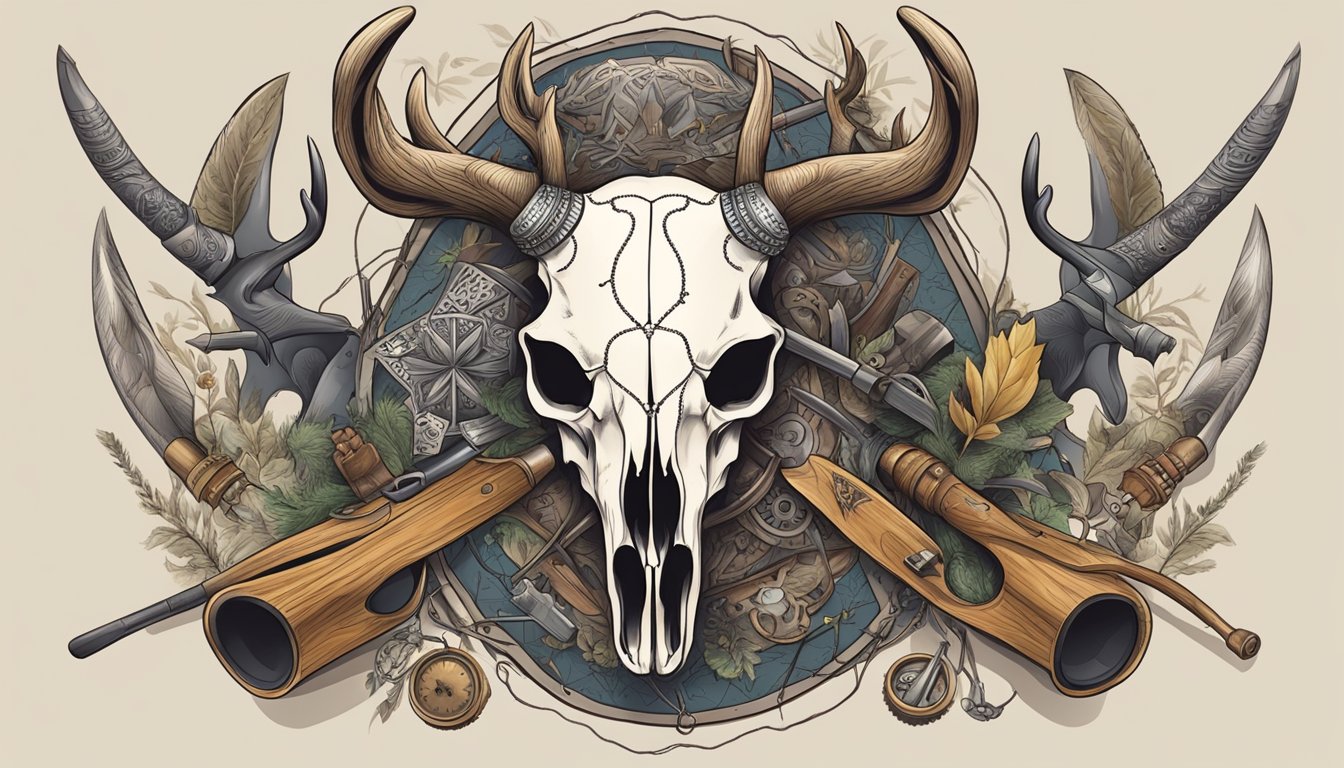 A deer skull adorned with hunting tattoos, surrounded by traditional hunting tools and symbols