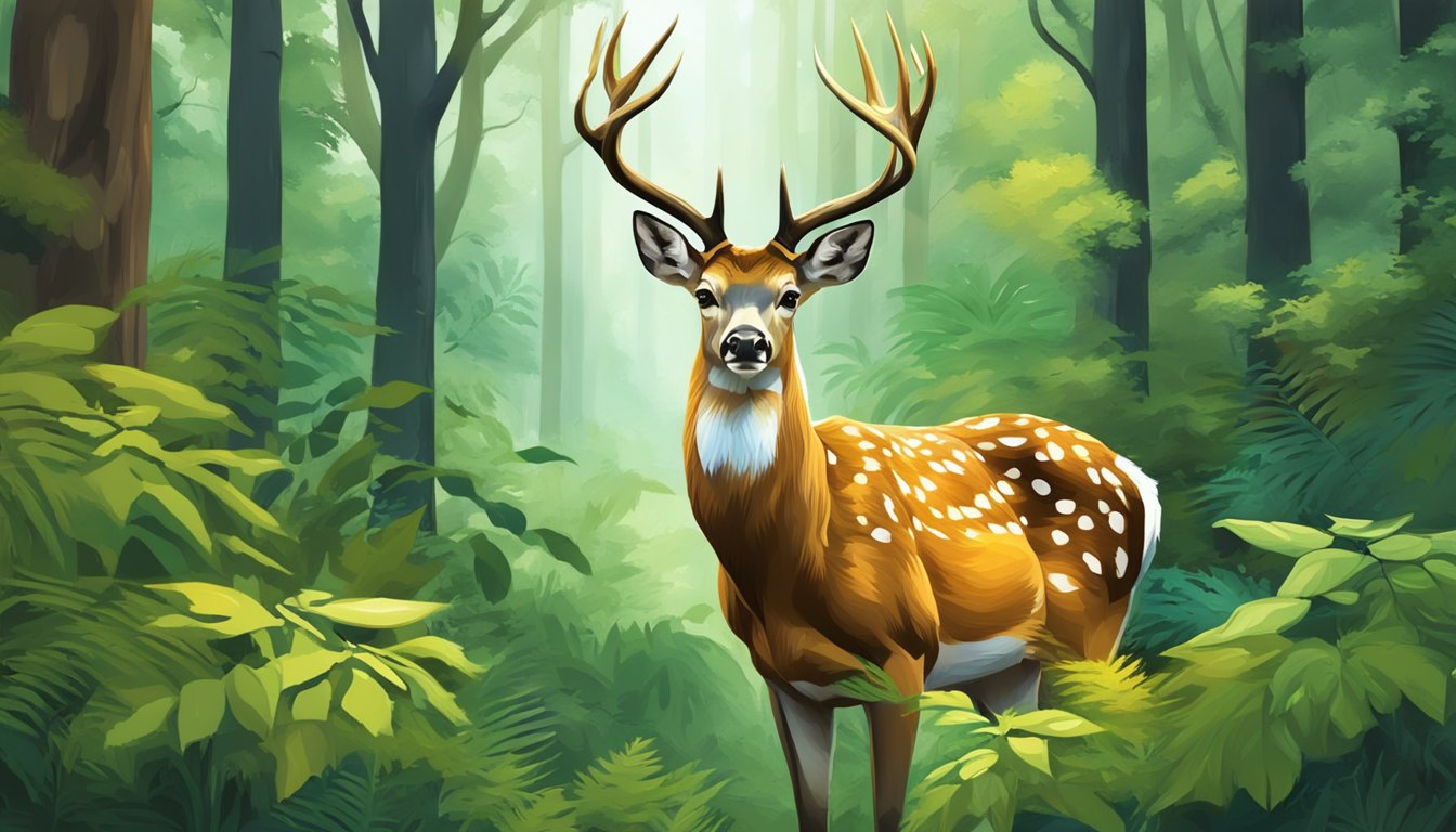 A majestic axis deer stands in a lush forest, surrounded by vibrant foliage and wildlife, symbolizing the ethical considerations and conservation efforts in axis deer hunting