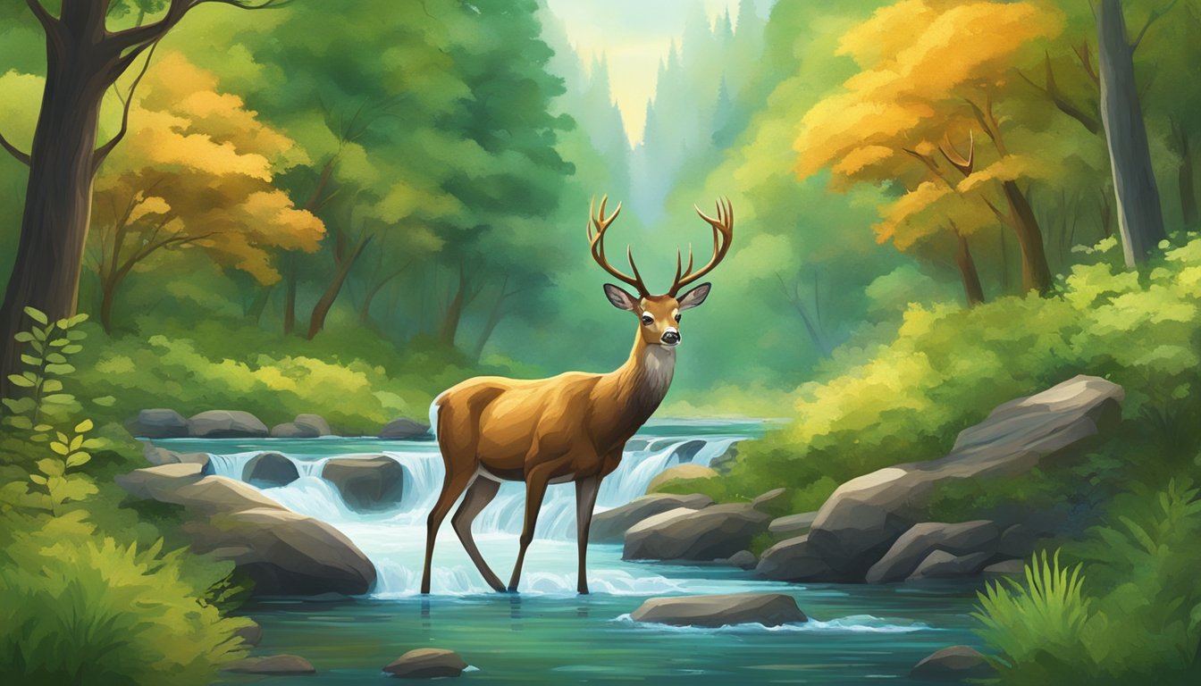 A majestic deer stands in a lush forest, surrounded by vibrant green foliage and a flowing stream. The scene is peaceful and teeming with wildlife