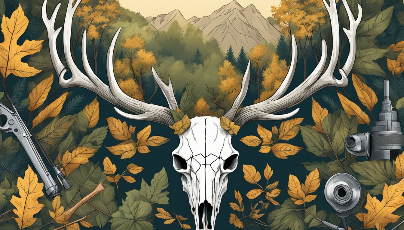 A deer skull with antlers surrounded by forest foliage and hunting equipment