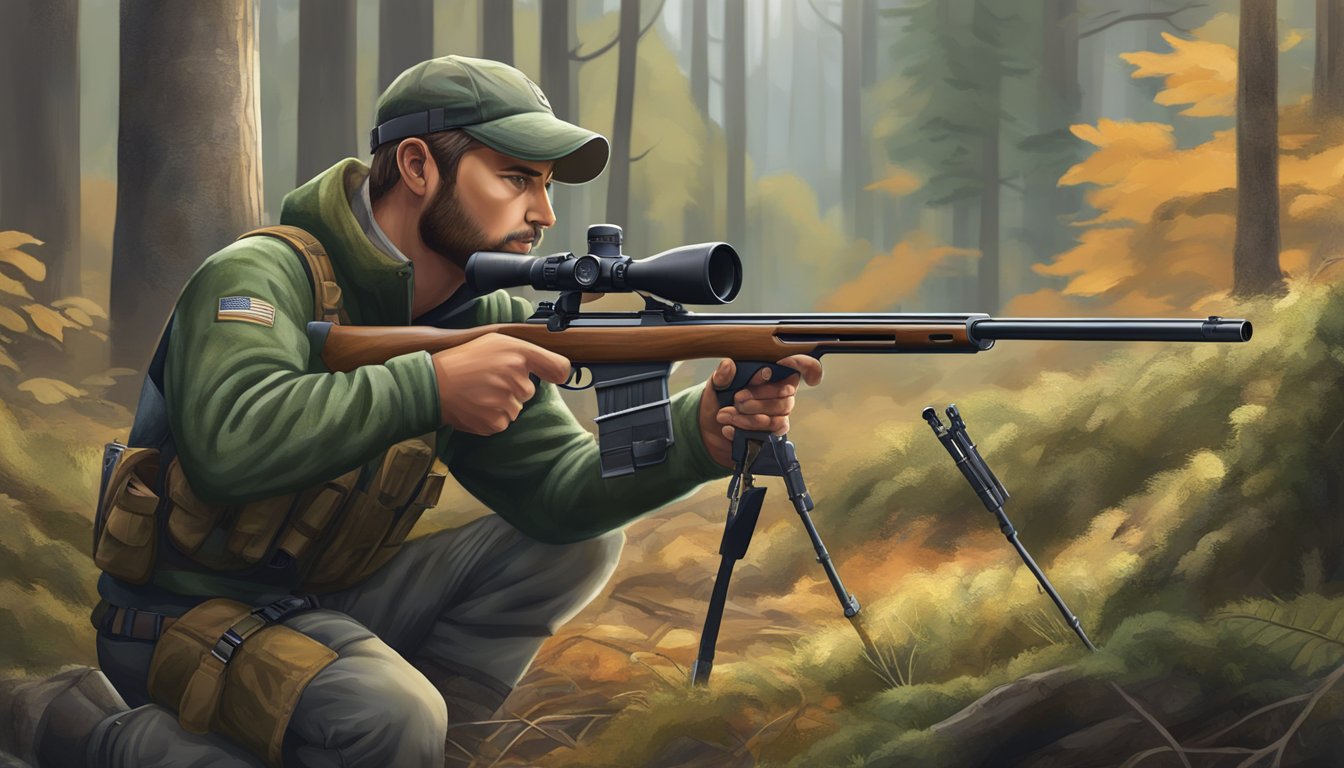 A hunter carefully aims a 223 rifle at a distant deer, surrounded by dense forest and wearing appropriate safety gear