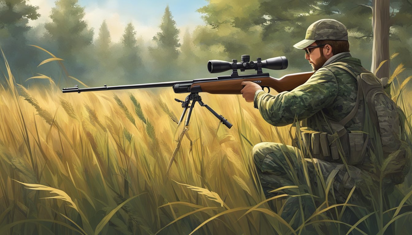 A hunter in camouflage aims a rifle at a target beyond a field of tall grass and trees