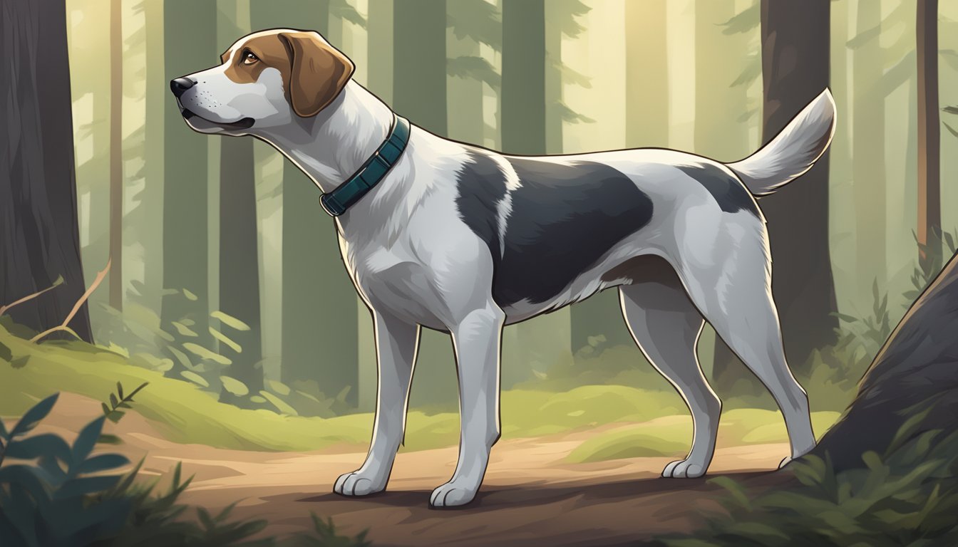 A muscular, alert dog with a sleek coat and long legs, standing in a forest clearing, nose to the ground, ears perked, and tail held high