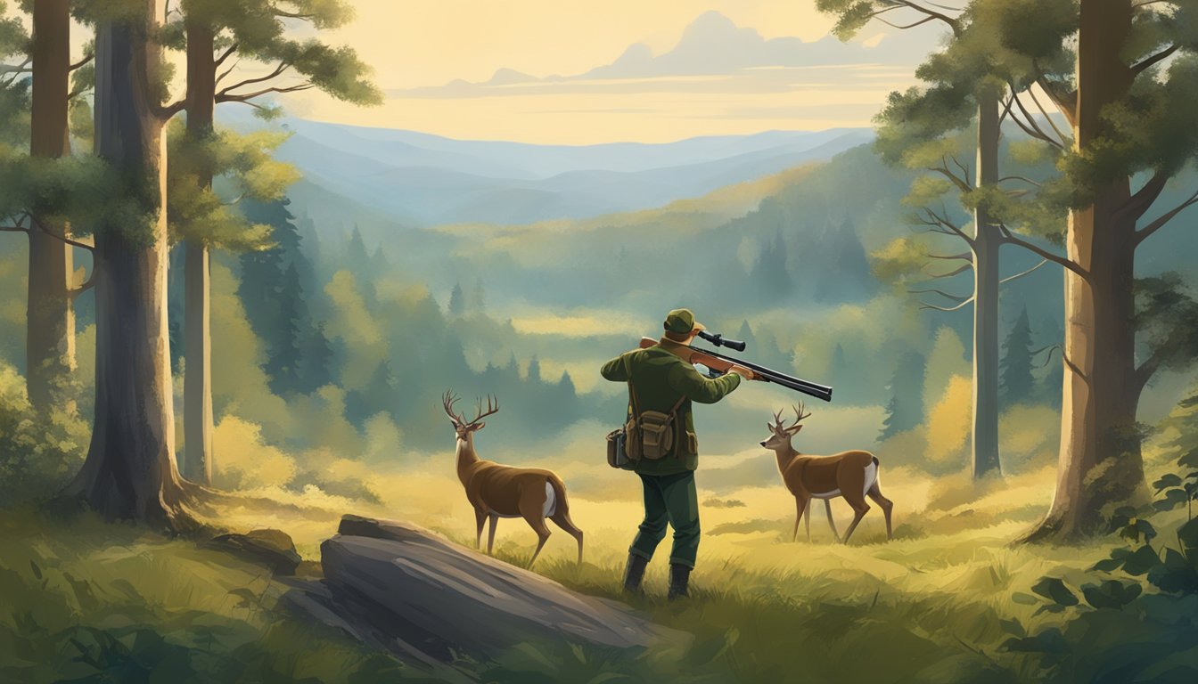 A hunter aims an air rifle at a distant deer in a forest clearing, considering factors such as wind speed, distance, and bullet trajectory