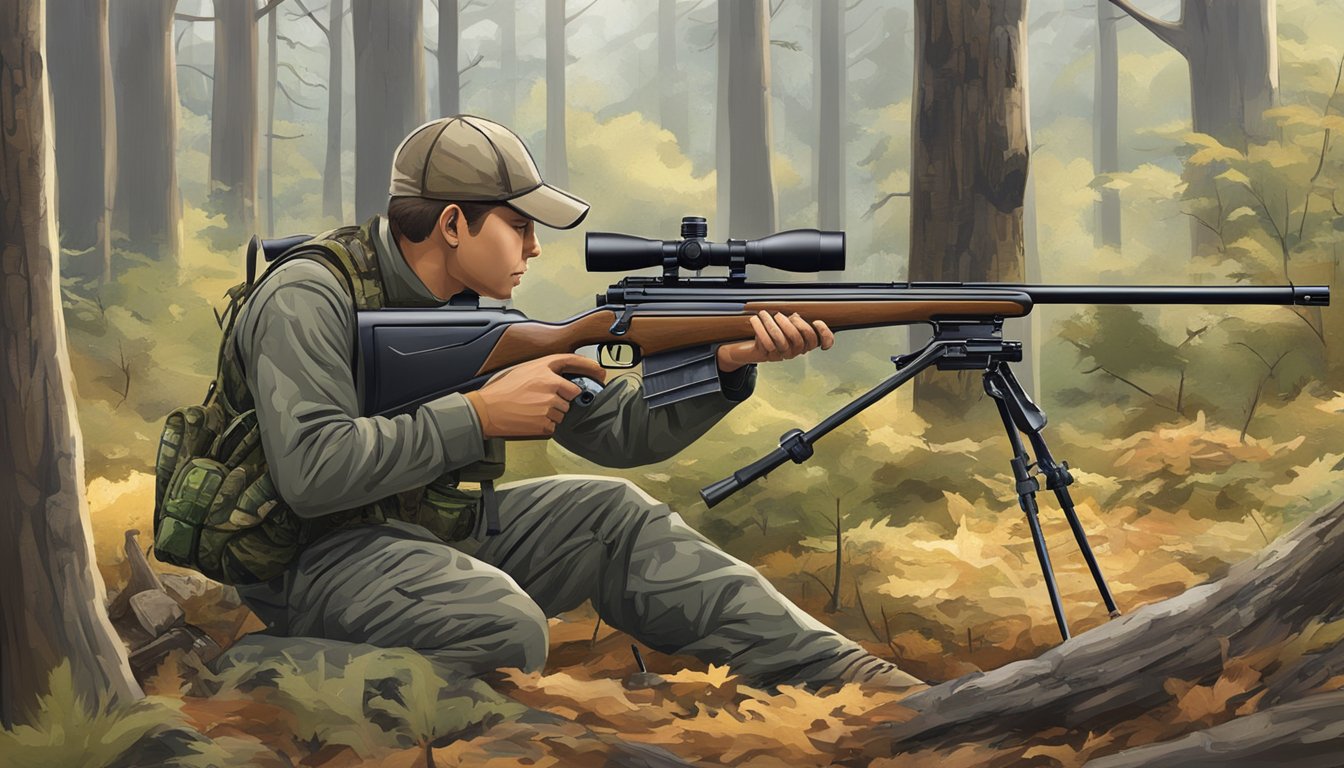 A hunter setting up an air rifle with scope, bipod, and camouflage gear in a wooded area, preparing for deer hunting