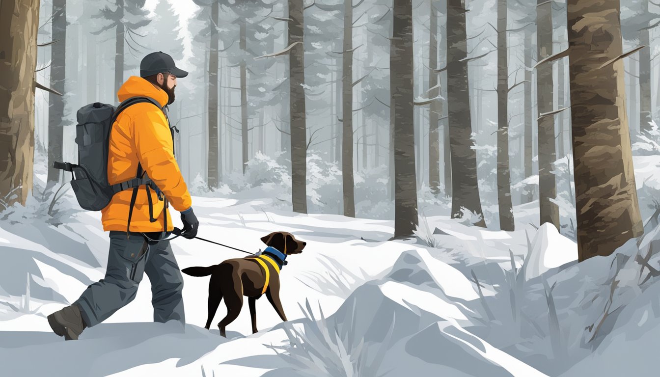 A hunting dog, equipped with a GPS collar, leads a hunter through the forest, scanning for deer using advanced technology