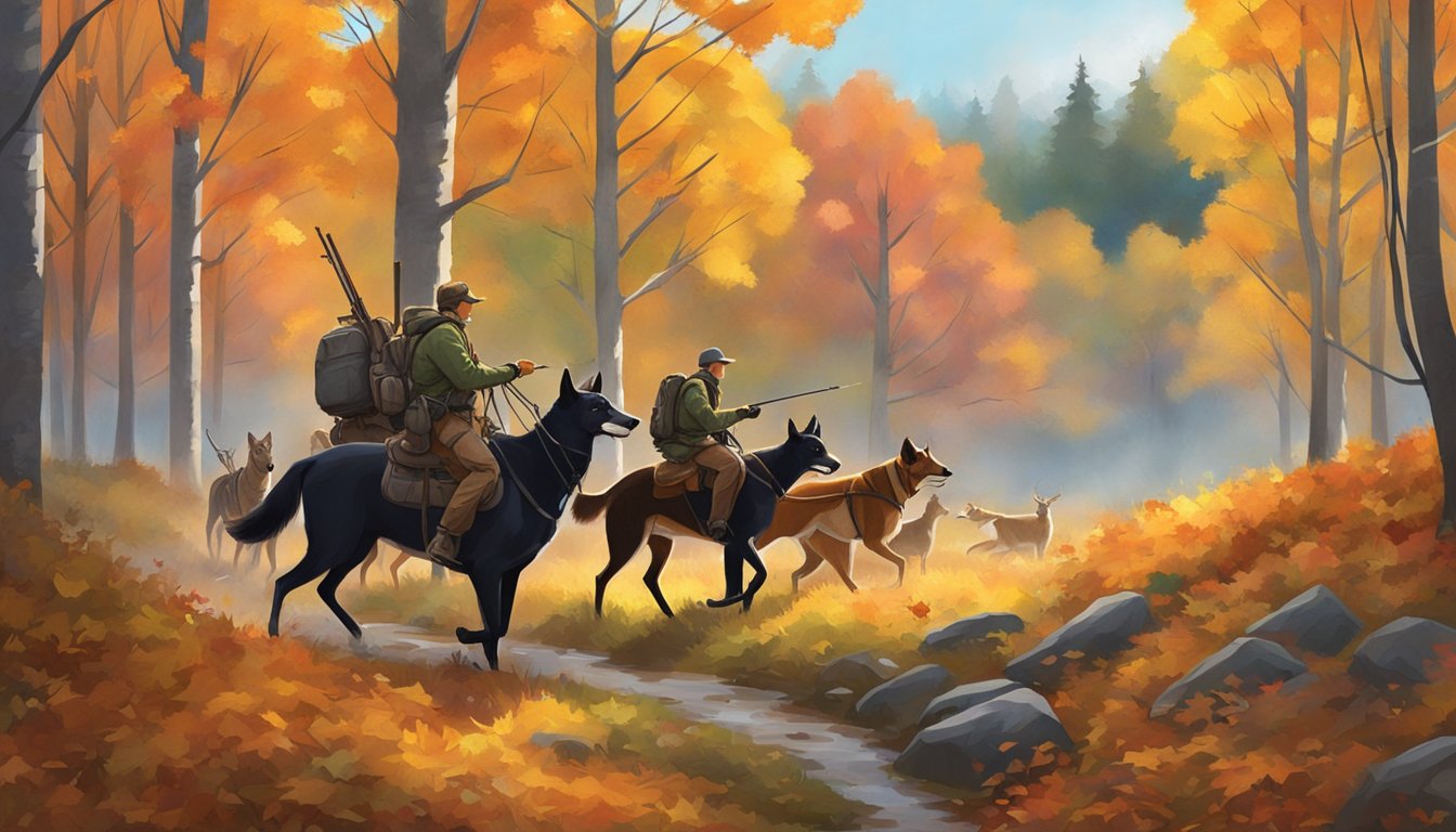 A group of hunters and their dogs tracking a deer through a forest clearing, surrounded by the vibrant colors of autumn foliage