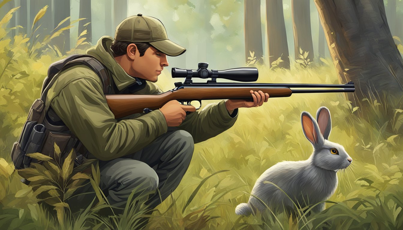 A hunter aims an air rifle at a rabbit in a wooded clearing. The rabbit sits alert, surrounded by tall grass and scattered leaves