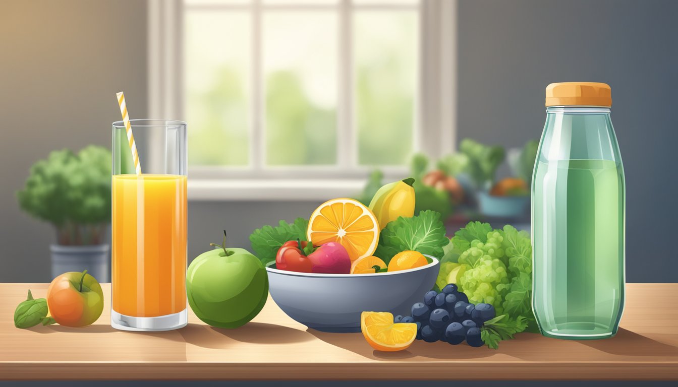 A glass of juice sits next to a water bottle on a table, surrounded by fruits and vegetables