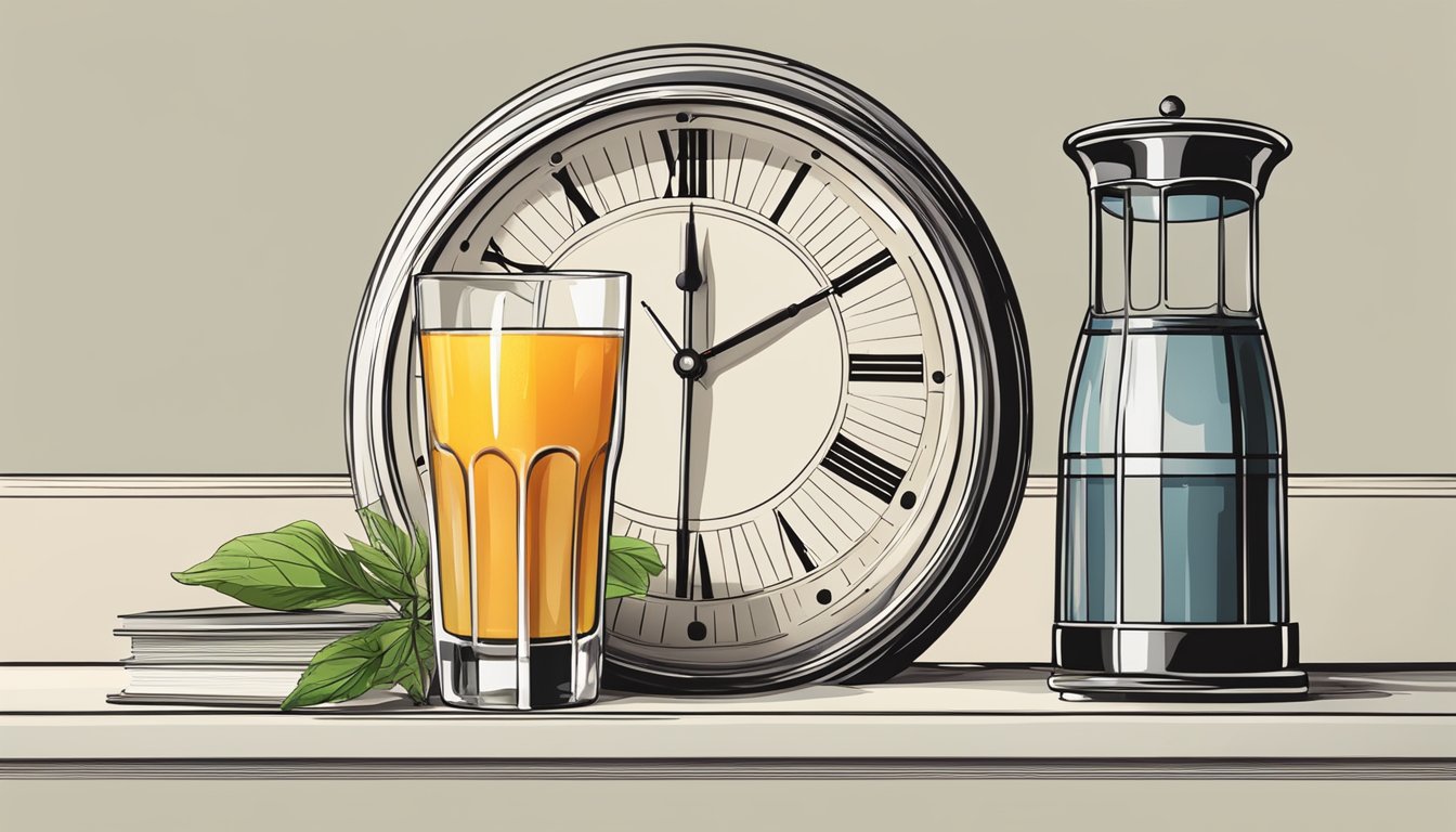 A glass of juice sits next to a clock showing the time for fasting