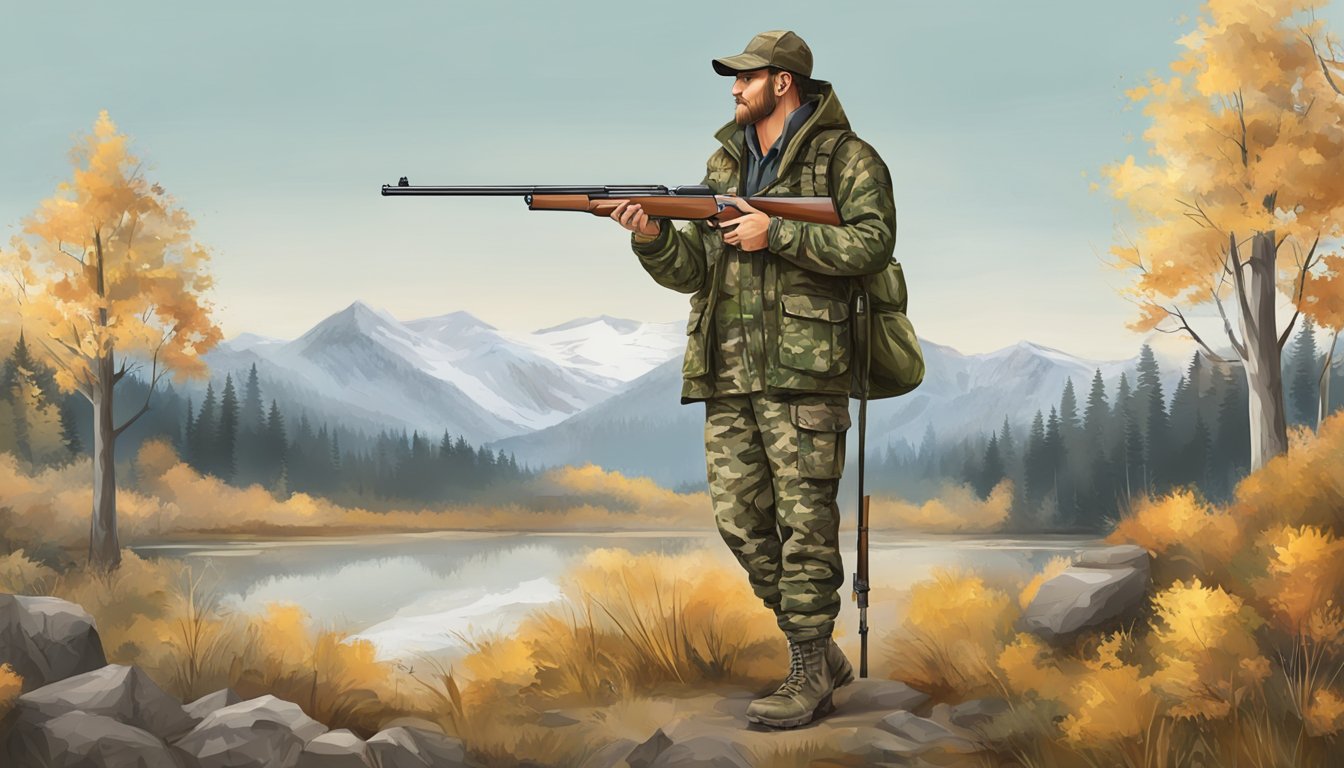 A hunter in camouflage jacket, pants, boots, and hat with rifle