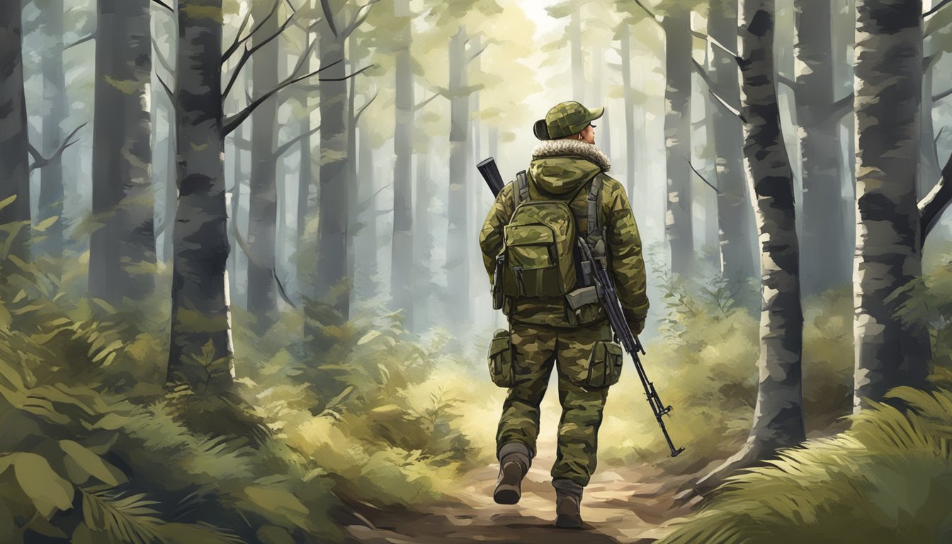 A hunter in camouflage clothing walks through a forest, wearing insulated gear and carrying a rifle, with pockets for ammunition and scent control technology