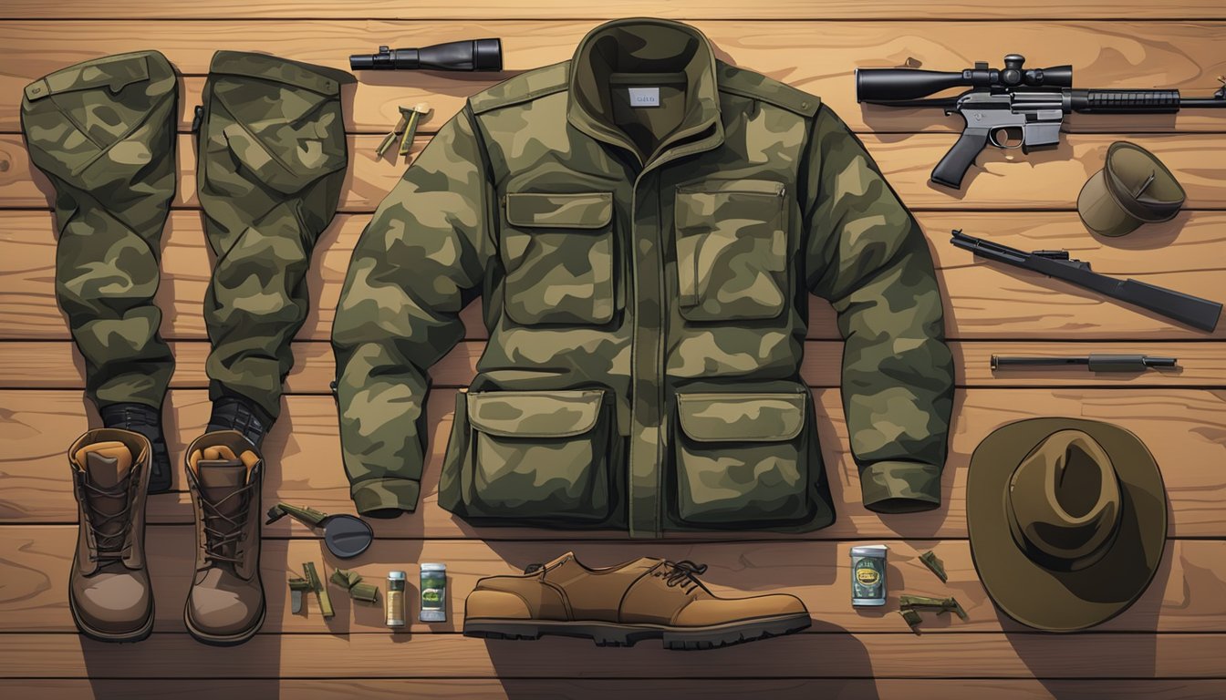 A hunter's camouflage jacket, pants, and boots laid out on a wooden table, with a rifle and ammunition nearby